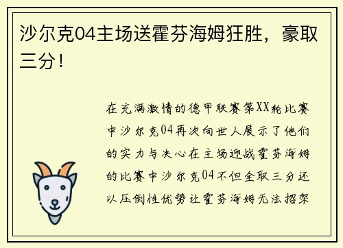 沙尔克04主场送霍芬海姆狂胜，豪取三分！